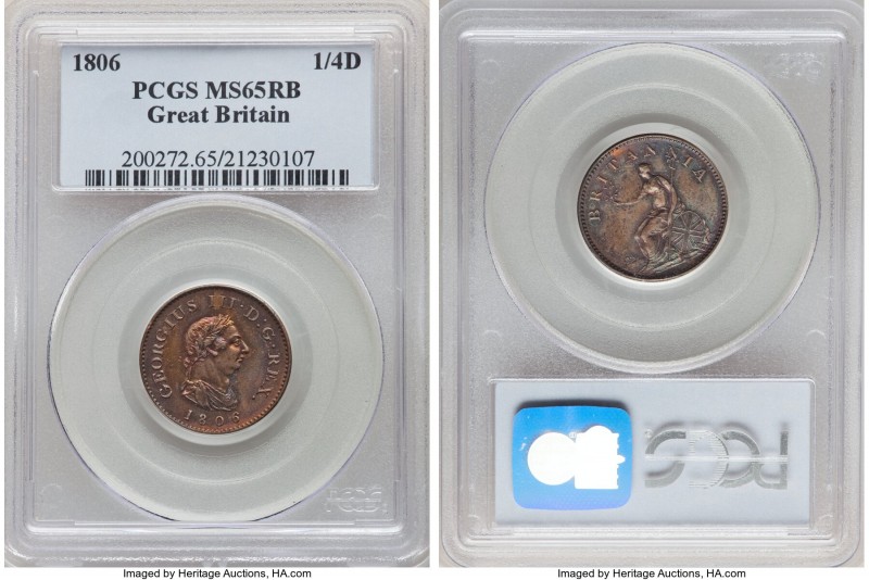 George III Farthing 1806 MS65 Red and Brown PCGS, KM661. Violet and blue toned. ...