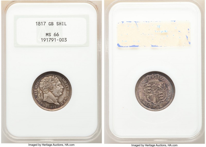 George III Shilling 1817 MS66 NGC, KM666. Crisp well-defined portrait, draped in...