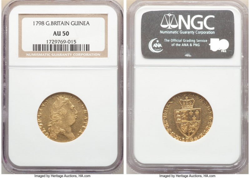 George III gold Guinea 1798 AU50 NGC, KM609, S-3729. Conservatively graded with ...