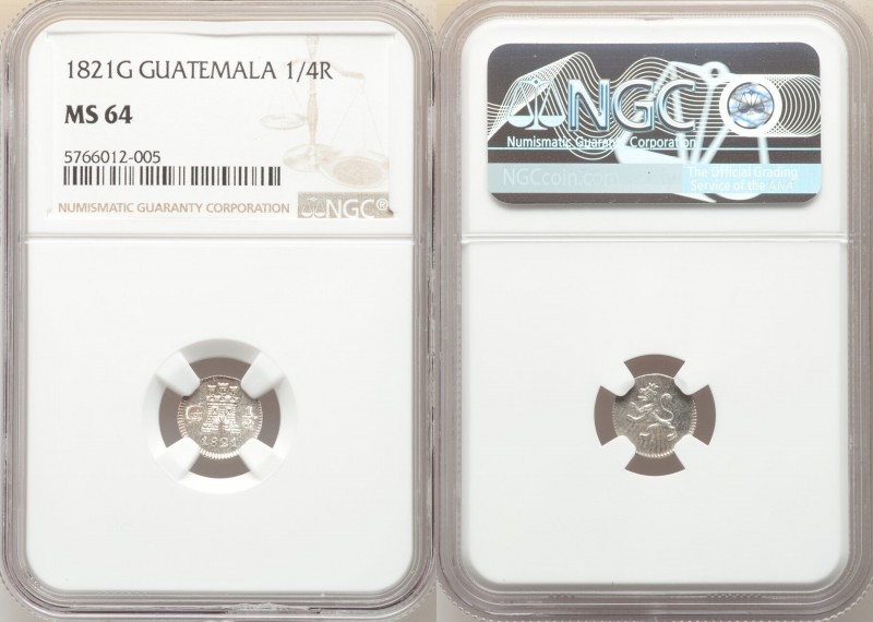 Ferdinand VII 1/4 Real 1821-G MS64 NGC, Nueva Guatemala mint, KM72. Lustrous and...