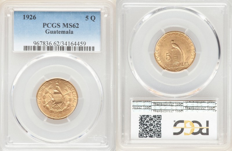 Republic gold 5 Quetzales 1926-(P) MS62 PCGS, Philadelphia mint, KM244. One year...