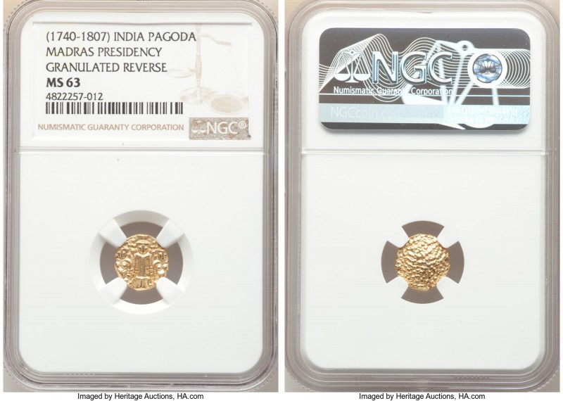 British India. Madras Presidency gold Pagoda ND (1740-1807) MS63 NGC, Fort St. G...