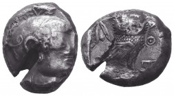ATTICA. Archaic Athens. AR Tetradrachm. ca. 454-415 B.C.
Obv: Helmeted head of Athena right; 
Reverse: Owl standing right, head facing, olive sprig be...