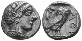 ATTICA. Athens. AR Tetradrachm. ca. 454-415 B.C.
Obv: Helmeted head of Athena right; 
Reverse: Owl standing right, head facing, olive sprig behind, al...