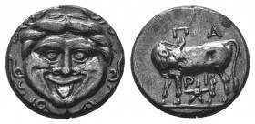 Mysia, Parion AR Hemidrachm. Circa 4th century BC. Bull standing left, head right; ΠA-PI above and below, bukranion set on exergual line / Facing gorg...