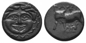 Mysia, Parion AR Hemidrachm. Circa 4th century BC. Bull standing left, head right; ΠA-PI above and below, bukranion set on exergual line / Facing gorg...