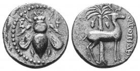 Ionia, Ephesos AR Drachm. Circa 202-150 BC. Bee with straight wings; E-Φ across fields / Stag standing right before palm tree; 
Condition: Very Fine

...