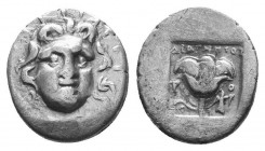 Islands off Caria. Rhodos circa 205-190 BC. Ainetor, magistrate. AR
Head of Helios facing slightly right / Rose with bud to right;

Condition: Very Fi...