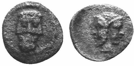 CILICIA. Uncertain. Hemiobol (4th century BC).
Obv: Janiform head, male on left...