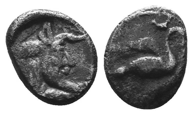 CILICIA, Mallos. Circa 425-385 BC. AR Obol.. Swan flying right / Forepart of man...
