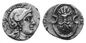 CILICIA. Tarsos. Balakros (Satrap of Cilicia, 333-323 BC). Tetartemorion(?). Obv: Helmeted head of Athena right. Rev: Boeotian shield; B to left. Zieg...