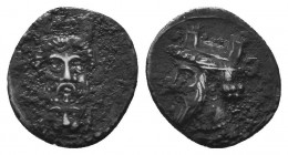 CILICIA, Uncertain. 4th century BC. AR Obol.. Bearded head left, wearing kalathos, earring, and necklace / Bearded head facing, wearing kalathos, set ...