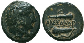 KINGS OF MACEDON. Alexander III 'the Great' (336-323). Ae
Obv: Head of Herakles right, wearing lion’s skin headdress.
Rev: Bow in bowcase and club

Co...