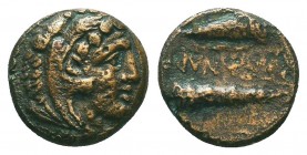 KINGS OF MACEDON. Alexander III 'the Great' (336-323). Ae
Obv: Head of Herakles right, wearing lion’s skin headdress.
Rev: Bow in bowcase and club

Co...