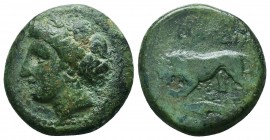 THRACE, Kardia. Circa 357/46-309 BC. Æ. Wreathed head of Persephone left / Lion advancing left, breaking spear in its jaws; star below, barley grain i...