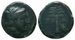 TROAS. Skamandria. Ae (Circa 350-300 BC).
Obv: Wreathed head of nymph Ida right.
Rev: SK - A.
Fir tree; boar's head right.
SNG Copenhagen 464.

Condit...