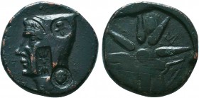 PONTOS. Uncertain. Time of Mithradates VI, circa 130-100 BC. AE. Male head to left, wearing satrapal cap; three countermarks: helmet, thunderbolt and ...