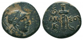 PONTOS. Amisos. Ae (Circa 111-105 or 95-90 BC). Struck under Mithradates VI Eupator.
Obv: Helmeted head of Ares right.
Rev: AMI - ΣOV. Sword in sheath...