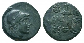 PONTOS. Amisos. Ae (Circa 111-105 or 95-90 BC). Struck under Mithradates VI Eupator.
Obv: Helmeted head of Ares right.
Rev: AMI - ΣOV. Sword in sheath...