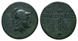 PAPHLAGONIA. Pimolisa. Time of Mithradates VI Eupator (111-105 or 95-90 BC). Ae.
Obv: Helmeted head of Ares right.
Rev: ΠIMΩ - ΛIΣH.
Sword in sheath.
...