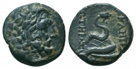 MYSIA. Pergamon. Ae (Circa 133-27 BC).
Obv: Laureate head of Asklepios right. c/m: Lyre within rectangular incuse .
Rev: ΑΣΚΛΕΠΙΟΥ ΣΩΤΗΡΟΣ.
Omphalos e...