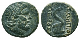 MYSIA. Pergamon. Ae (Circa 133-27 BC).
Obv: Laureate head of Asklepios right. c/m: Lyre within rectangular incuse .
Rev: ΑΣΚΛΕΠΙΟΥ ΣΩΤΗΡΟΣ.
Omphalos e...