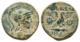 PHRYGIA, Akmoneia. 1st century BC. Æ. Menodotos, son of Sillon, magistrate. Helmeted bust of Athena left, wearing aegis / Eagle alighting right from t...