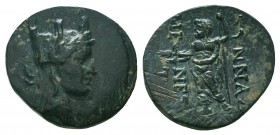 PHRYGIA, Synnada. Late 2nd-1st centuries BC. Æ. Menestratos, magistrate. Turreted and draped bust of Tyche right / Zeus standing left, holding thunder...