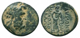 PHRYGIA. Akmoneia. Ae (1st century BC). Menodotos and Silion, magistrates.
Obv: Laureate head of Zeus right.
Rev: AKMONE / MHNOΔO ΣIΛΛΩN.
Asklepios st...