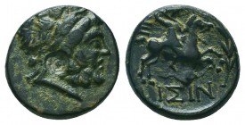 PISIDIA. Isinda. Ae (2nd-1st centuries BC).
Obv: Laureate head of Zeus right.
Rev: ΙΣΙΝ.
Warrior on horseback galloping right, holding spear; below, c...