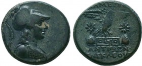 PHRYGIA. Apameia. Circa 88-40 BC. AE. Antiphon, son of Menekles, magistrate. Bust of Athena to right, wearing crested Corinthian helmet and aegis. Rev...