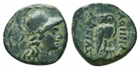 MYSIA. Pergamon. Ae (Circa 133-27 BC).
Obv: Helmeted head of Athena right within wreath.
Rev:Owl standing right, head facing.
Von Fritze, Pergamon 28 ...