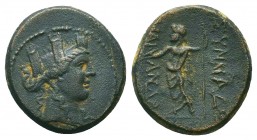 PHRYGIA. Synnada. Ae (2nd-1st centuries BC). Uncertain magistrate.
Obv: Turreted head of Tyche right, wearing grain wreath.
Rev: ΣYNNA / [...].
Zeus s...