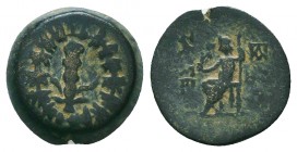 CILICIA. Tarsos (164-27 BC). Ae.
Obv: Filleted club; monogram to left and right; all within oak wreath.
Rev: TAPCЄΩN.
Zeus seated left on throne, hold...