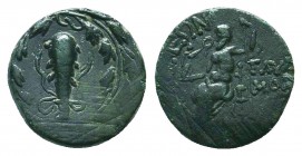 CILICIA. Tarsos (164-27 BC). Ae.
Obv: Filleted club; monogram to left and right; all within oak wreath.
Rev: TAPCЄΩN.
Zeus seated left on throne, hold...