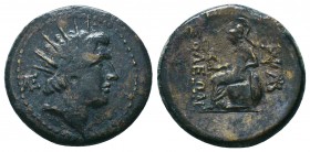 CILICIA. Soloi. Ae (Circa 100-30 BC) AE
Obv: Radiate head Helios right
Rev: ΣOΛEΩN.
Athena seated left on throne, resting arm upon round shield and ho...