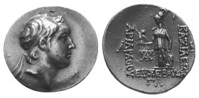 Kings of Cappadocia, Ariarathes V Eusebes AR Drachm. Dated RY 33 = 130/29 BC. Diademed head right / ΒΑΣΙΛΕΩΣ ΑΡΙΑΡΑΘOV EVΣEBOVΣ, Athena Nikephoros sta...