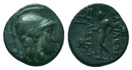 Seleukid Empire, Antiochos I Soter AE Tarsos, 281-261 BC.
Helmeted head of Athena right
Rev: Caps of the Dioskouroi; BAΣIΛEΩΣ above, ANTIOXOY, monogra...