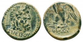 MYSIA. Pergamon. Ae (Circa 200-133 BC). Seleukos, magistrate.
Obv: ΣEΛEVKOV.
Laureate head of Asklepios right.
Rev: Π - EΡ/ Γ - A / MHNΩN.
Eagle stand...