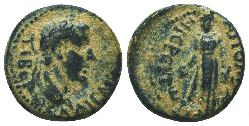 LYDIA. Apollonoshieron. Tiberius (14-37). Ae.
Obv: TIBЄPIOC KAICAP.
Laureate hea...