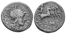 Q. Fabius Labeo. 124 BC. AR Denarius. Rome mint. Helmeted head of Roma right; X (mark of value) below chin / Jupiter driving galloping quadriga right,...