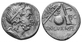 Cn. Lentulus. 76-75 BC. AR Denarius. Spanish(?) mint. Diademed and draped bust of Genius Populi Romani right; scepter over shoulder / Scepter with wre...