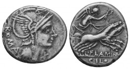 L. Flaminius Chilo. 109-108 BC. AR Denarius. Rome mint. Helmeted head of Roma right; X (mark of value) below chin / Victory driving biga right, holdin...