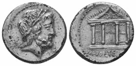 M. Volteius M.f. 75 BC. AR Denarius. Rome mint. Laureate and bearded head of Jupiter right / Tetrastyle temple of Jupiter Capitolinus; [winged thunder...