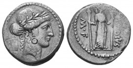 Moneyer issues of Imperatorial Rome. P. Clodius M.f. Turrinus. 42 BC. AR Denarius. Rome mint. Laureate head of Apollo right; lyre to left / Diana Luci...