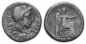 The Pompeians. M. Porcius Cato. Spring 47- Spring 46 BC. AR Denarius . Utica mint. Draped bust right of Roma, hair tied with fillet; / Victory seated ...