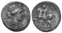 P. Licinius Crassus M.f. 55 BC. AR Denarius. Rome mint. Laureate and draped bust of Venus right, wearing stephane / Female standing facing, head right...