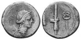 P. Licinius Crassus M.f. 55 BC. AR Denarius. Rome mint. Laureate and draped bust of Venus right, wearing stephane / Female standing facing, head right...