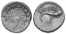 Moneyer issues of Imperatorial Rome. Mn. Cordius Rufus. 46 BC. AR Denarius. Rome mint. Crested Corinthian helmet right, surmounted by owl; RVFVS upwar...
