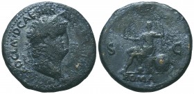 Nero (AD 54-68). AE sestertius. Rome, ca. AD 65. NERO CLAVD CAESAR AVG GER P M TR P IMP P P, laureate head of Nero right / Roma seated left on cuirass...